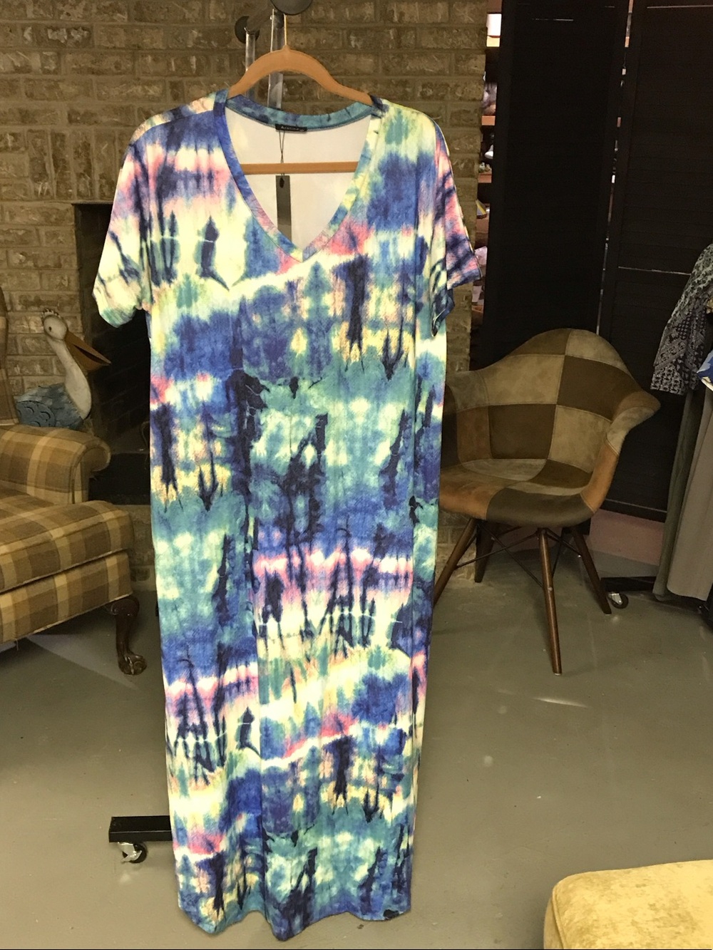 V-Neck Tie-Dye Maxi Dress in Blue, Pink and Teal